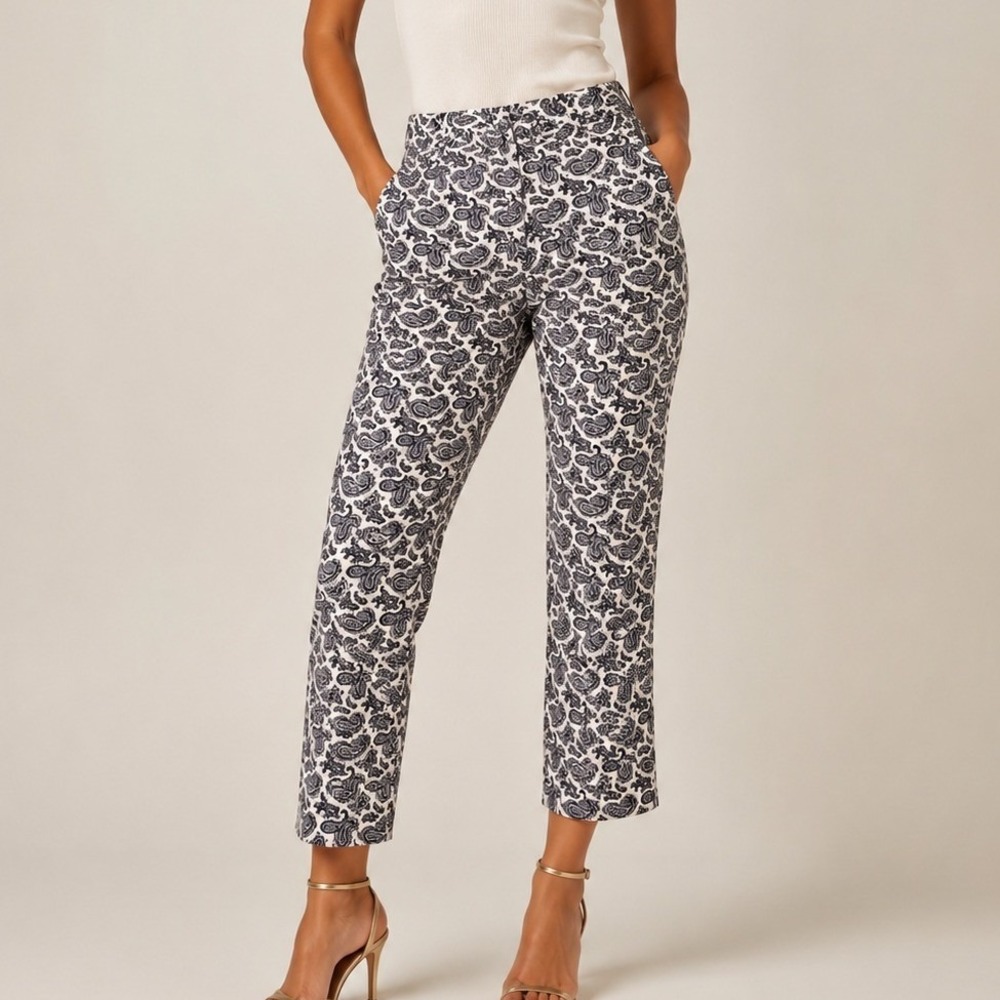 Michael Kors Women's 14W Paisley Print Ankle Pants Black White Cotton Stretch
